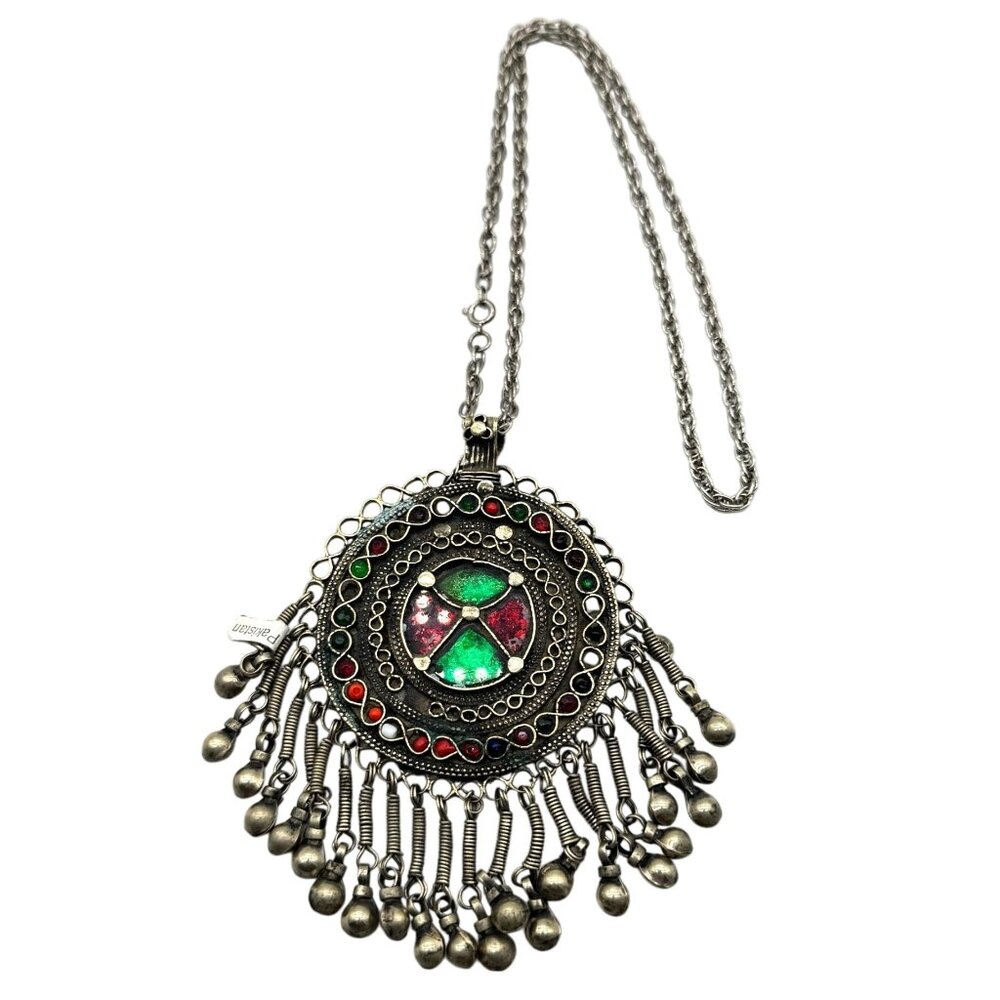 Kuchi Tribal Pendant Necklace Glass Inlay Dangling Beads 21" Handmade Pakistan
